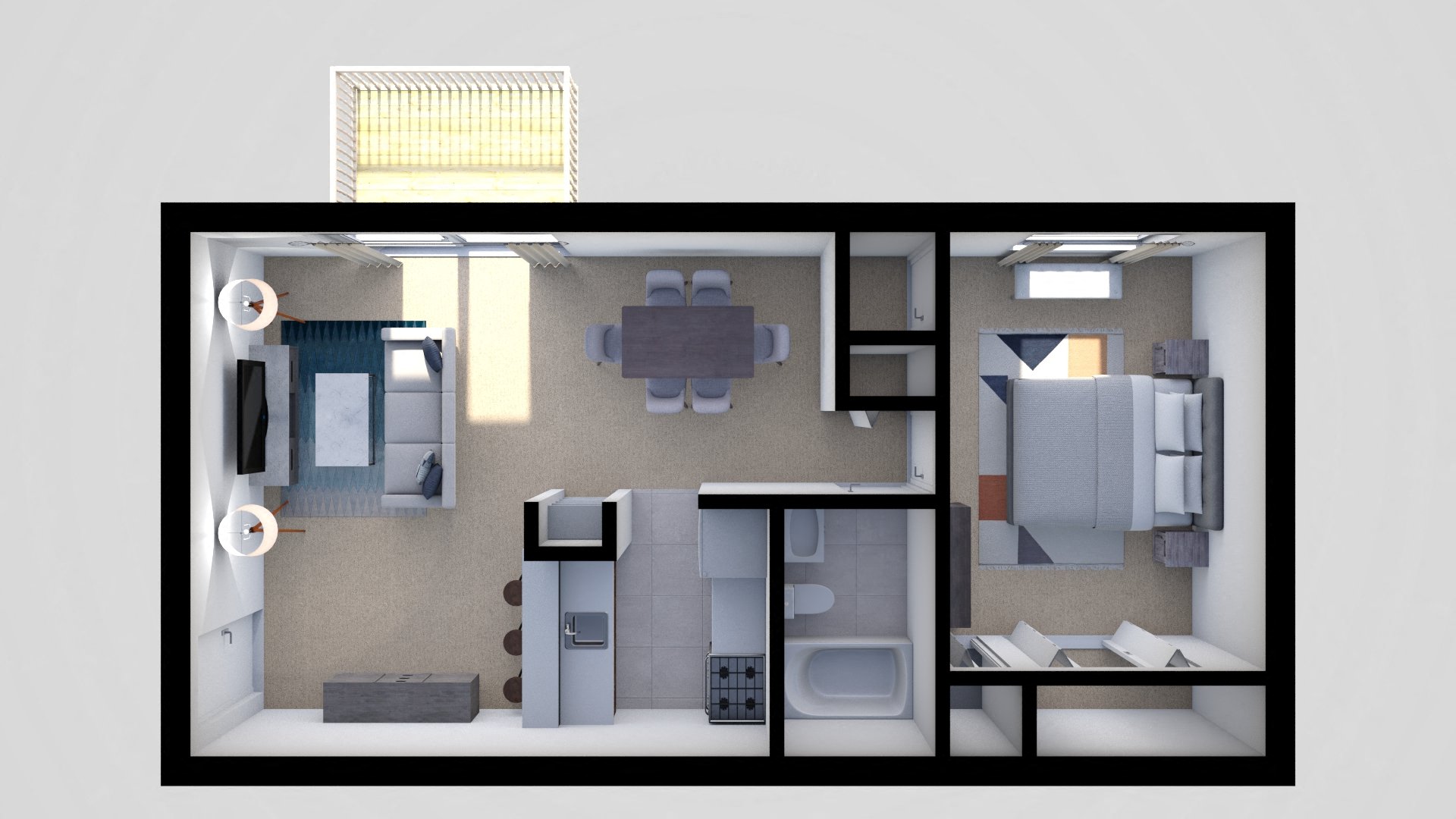 Floor plan for 1 bed, 1 bath, 613 sqft
