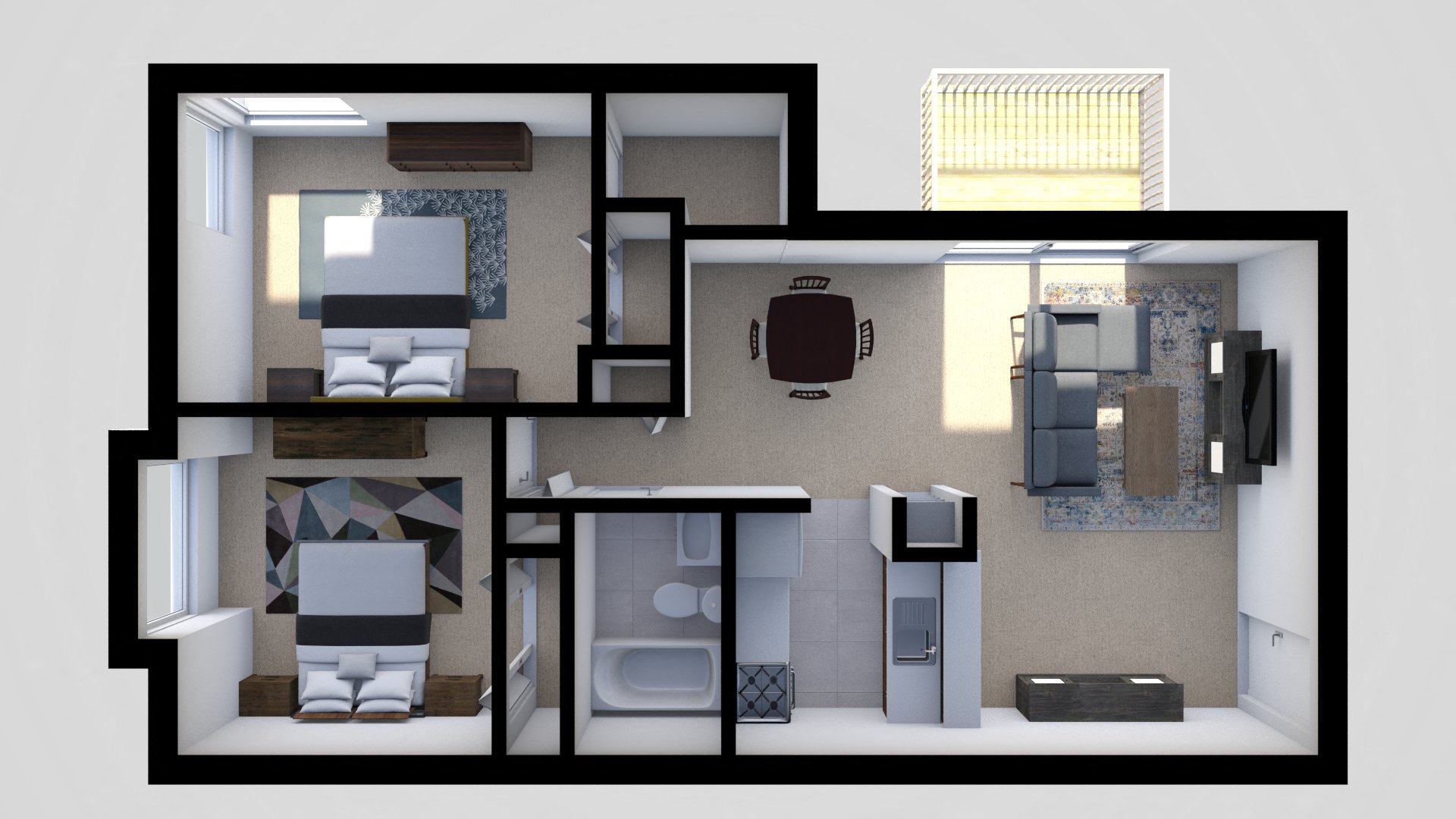 Floor plan for 2 beds, 1 bath, 742 sqft