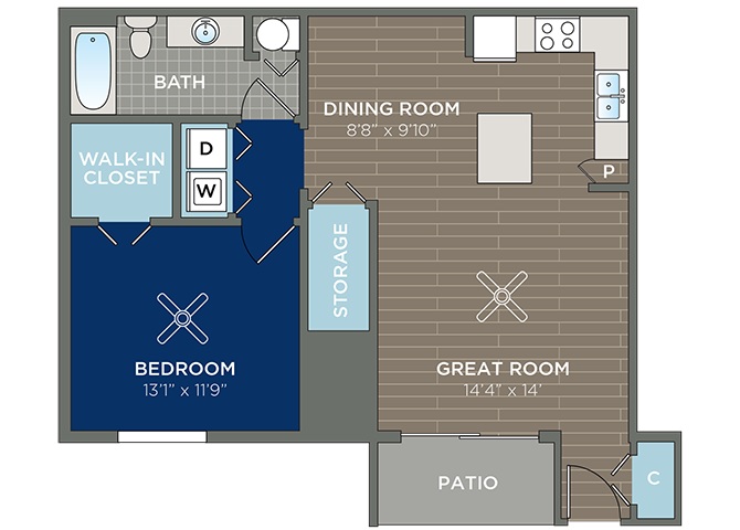 Floor plan for 1 bed, 1 bath, 847 sqft