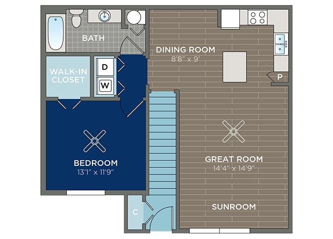 Floor plan for 1 bed, 1 bath, 934 sqft