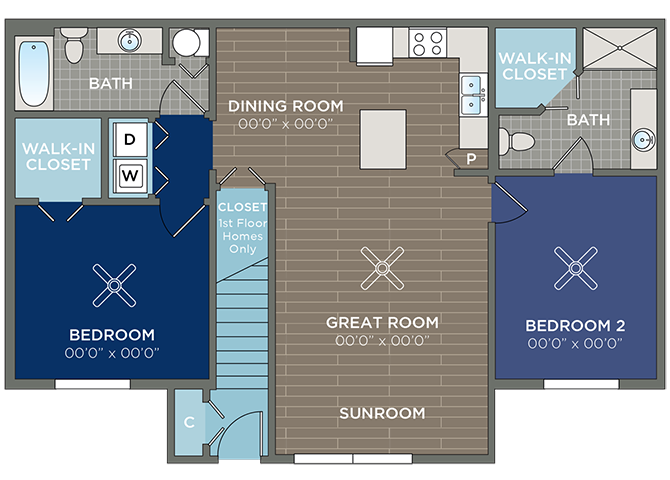 Floor plan for 2 beds, 2 baths, 1216 sqft