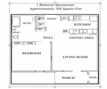 Floor plan for 1 bed, 1 bath, 779 sqft