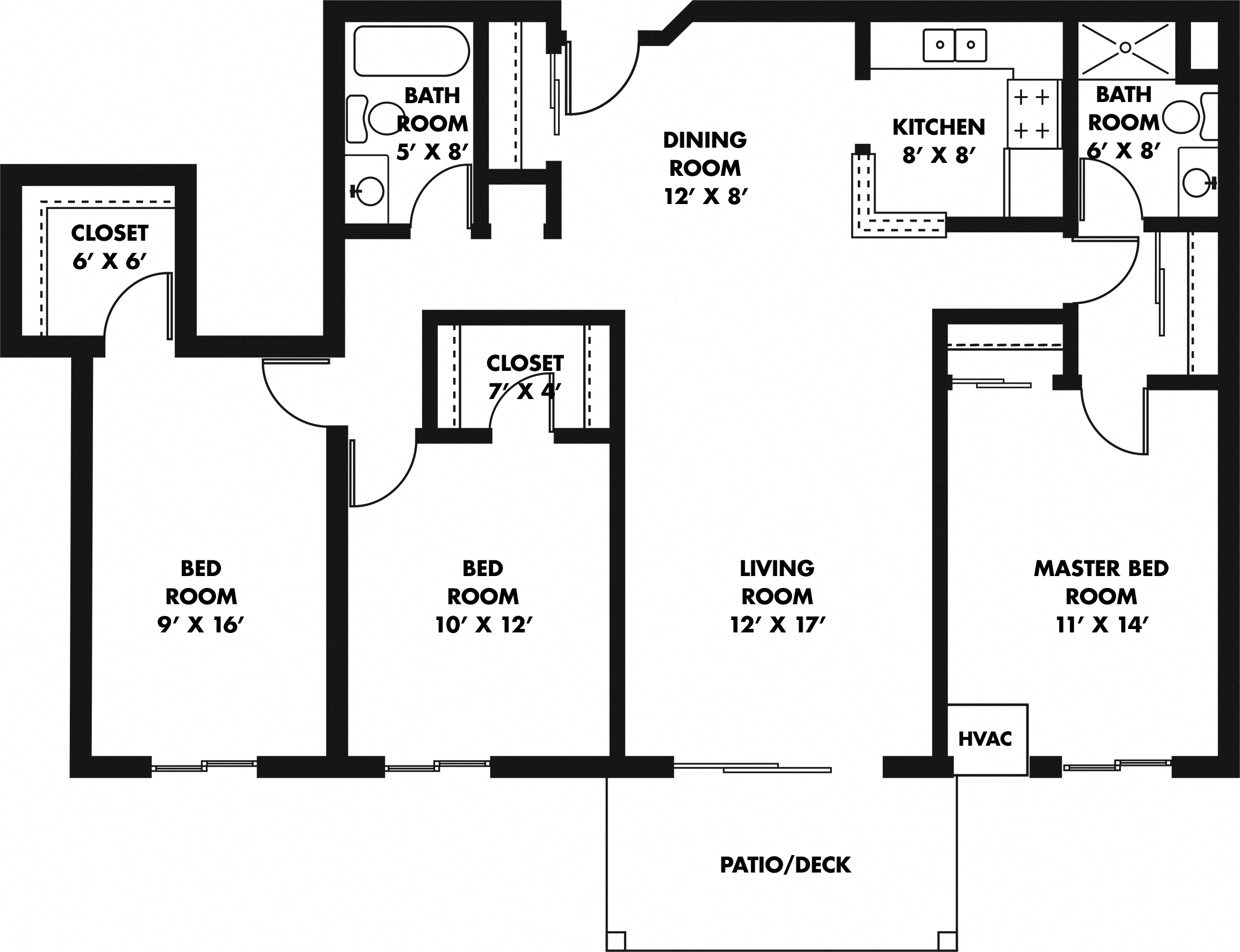 Floor plan for 3 beds, 2 baths, 1250 sqft