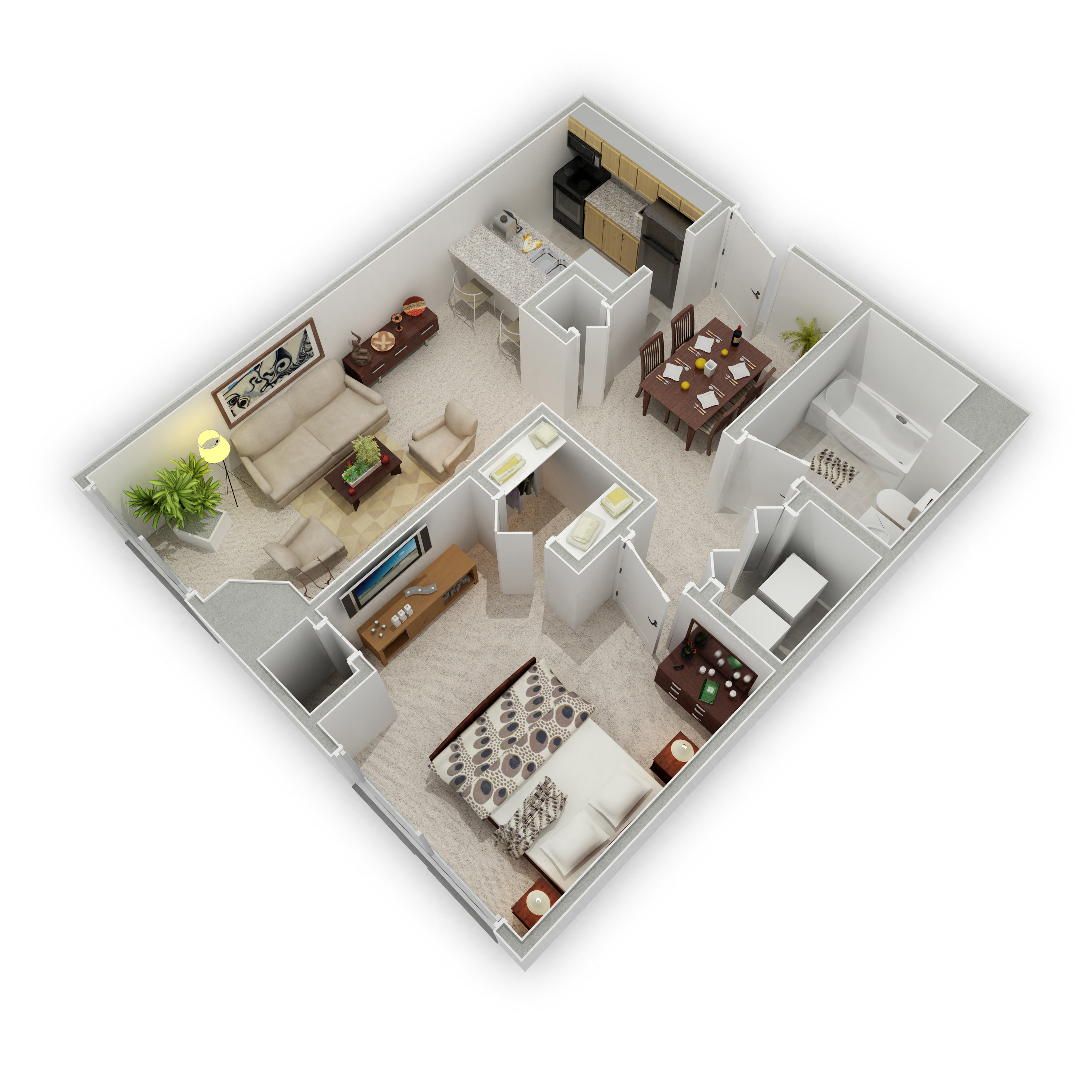 Floor plan for 1 bed, 1 bath, 740 sqft