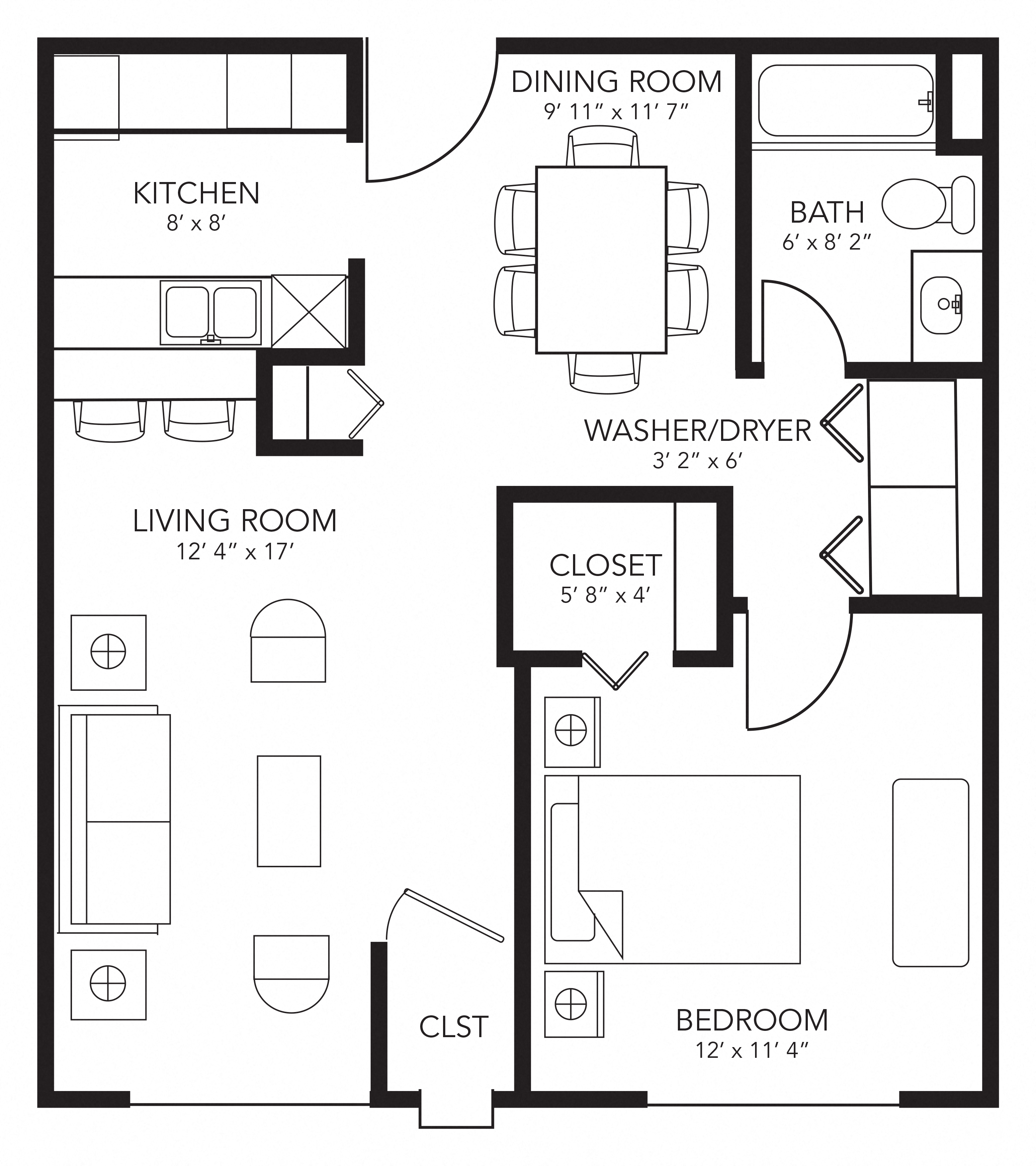 Floor plan for 1 bed, 1 bath, 686 sqft