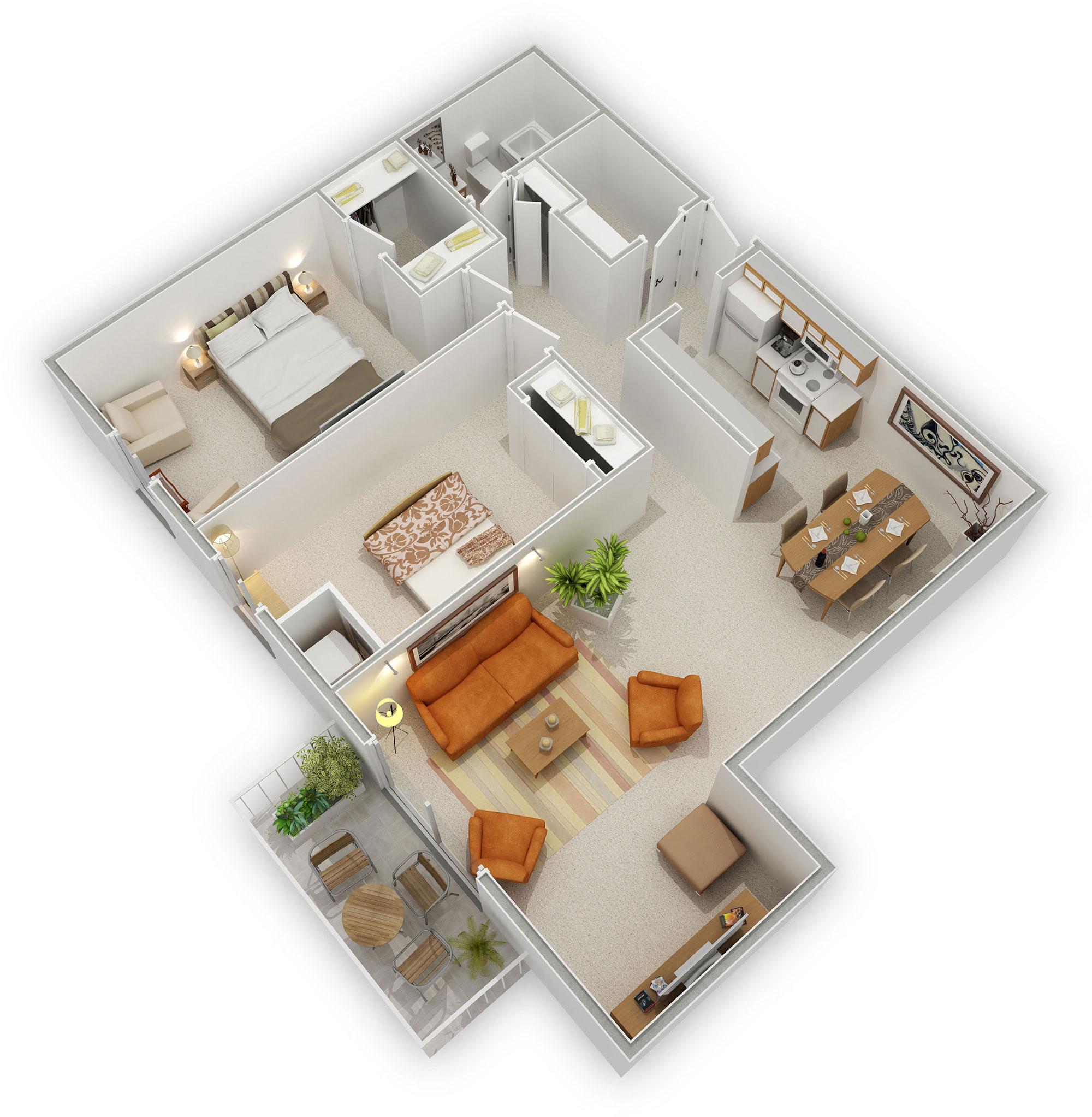 Floor plan for 2 beds, 1 bath, 1046 sqft