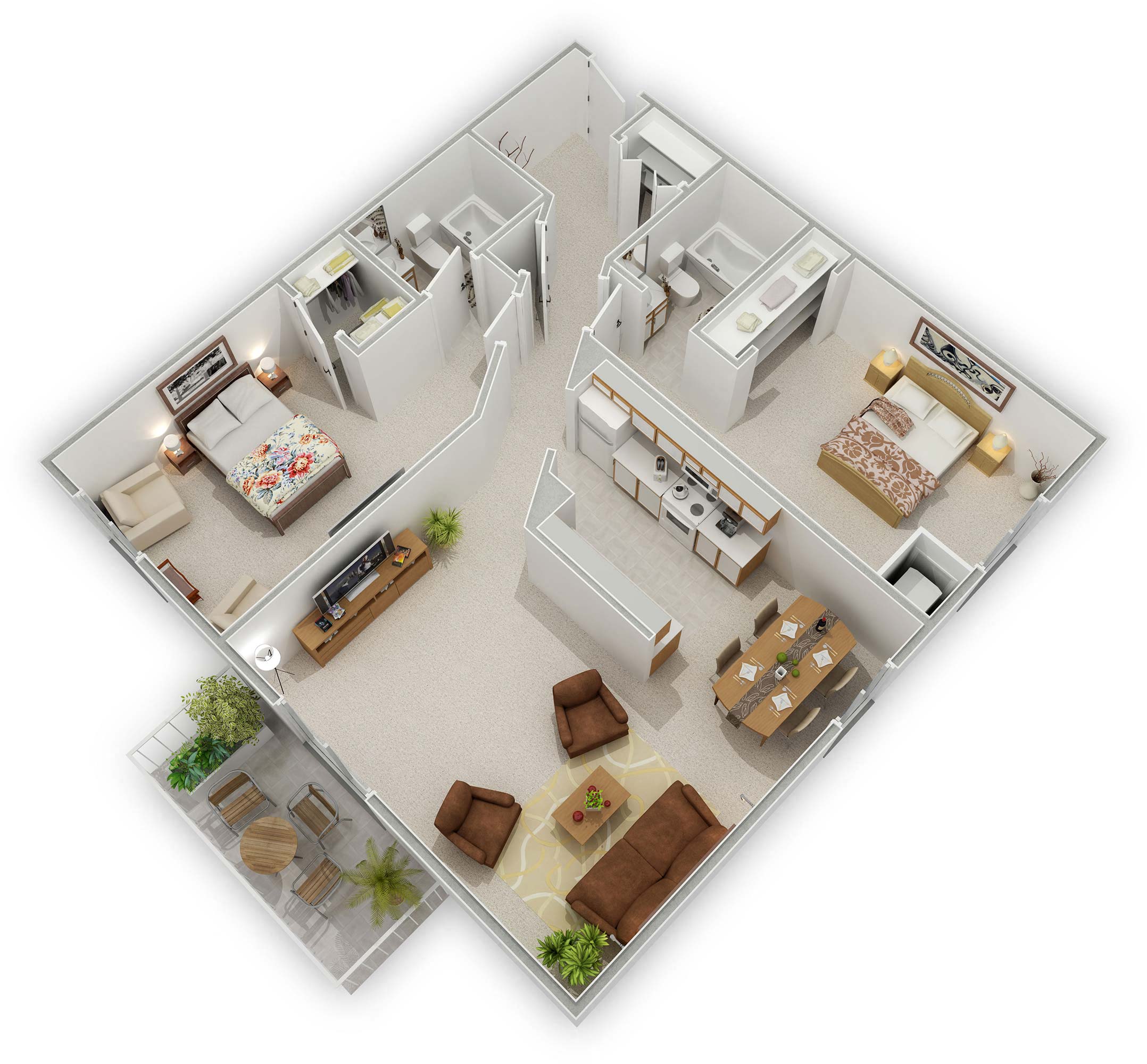 Floor plan for 2 beds, 2 baths, 1024 sqft