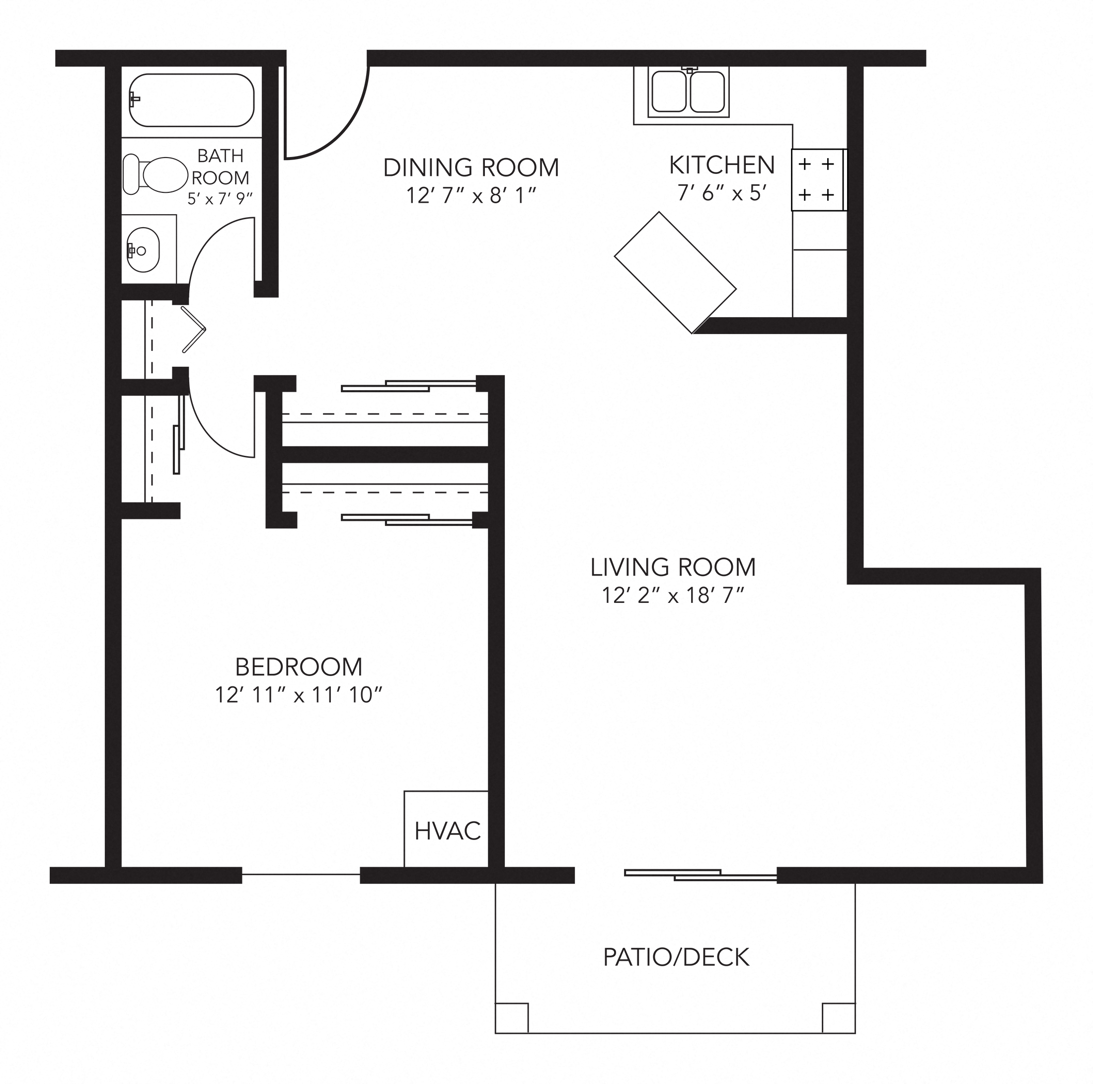 Floor plan for 1 bed, 1 bath, 814 sqft