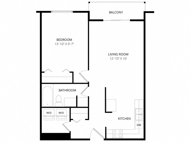 Floor plan for 1 bed, 1 bath, 600 sqft