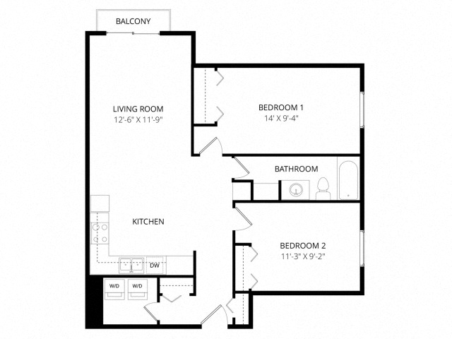 Floor plan for 2 beds, 1 bath, 814 sqft