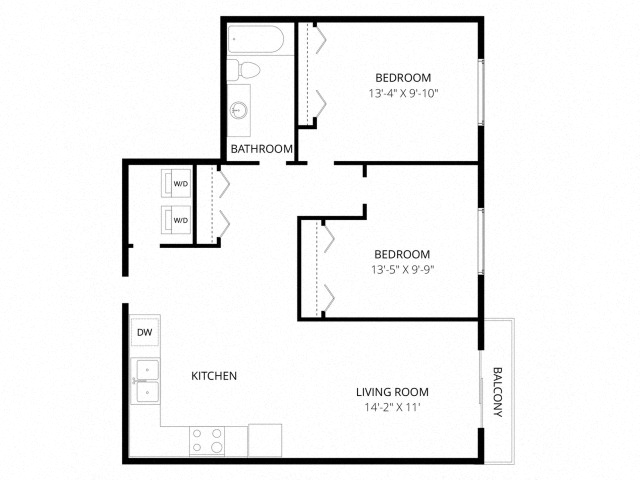 Floor plan for 2 beds, 1 bath, 780 sqft