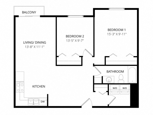 Floor plan for 2 beds, 1 bath, 848 sqft