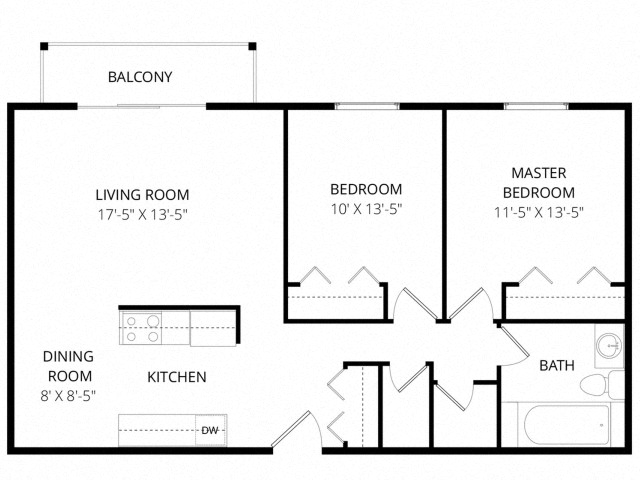 Floor plan for 2 beds, 1 bath, 1100 sqft