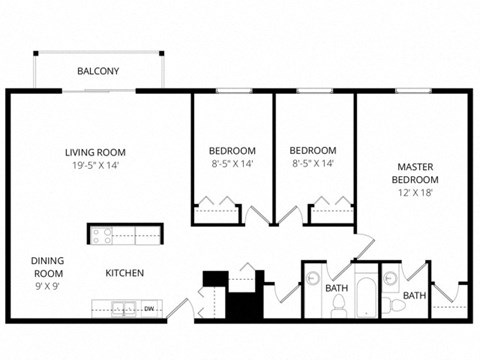 Floor plan for 3 beds, 1.5 baths, 1400 sqft