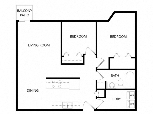 Floor plan for 2 beds, 1 bath, 796 sqft