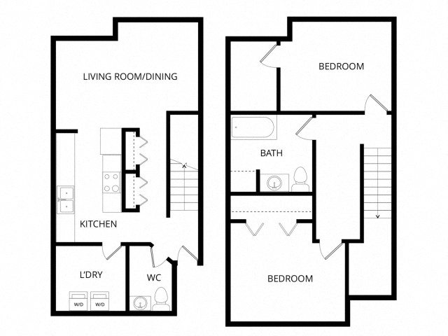 Floor plan for 2 beds, 1.5 baths, 1088 sqft