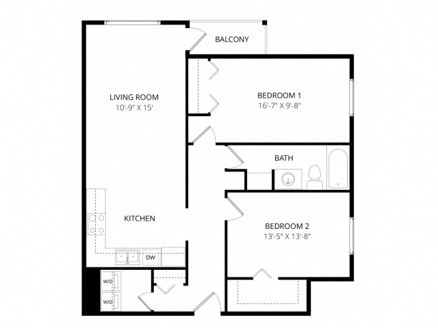 Floor plan for 2 beds, 1 bath, 884 sqft
