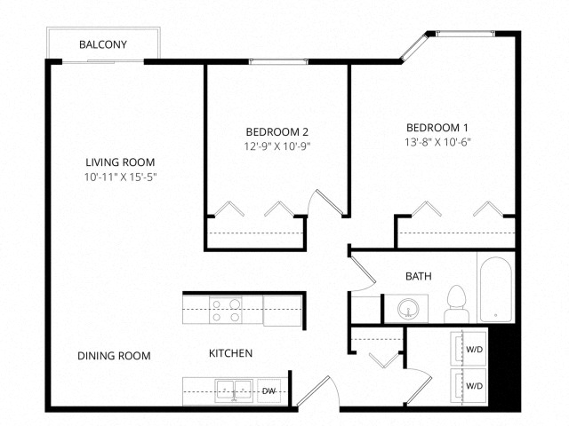 Floor plan for 2 beds, 1 bath, 827 sqft