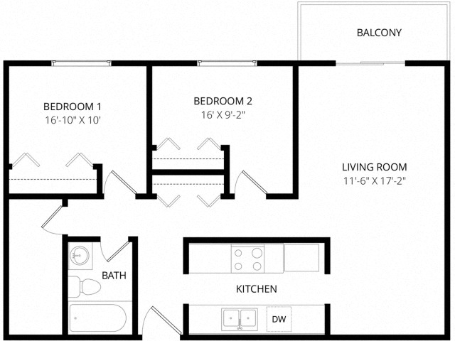 Floor plan for 2 beds, 1 bath, 750 sqft