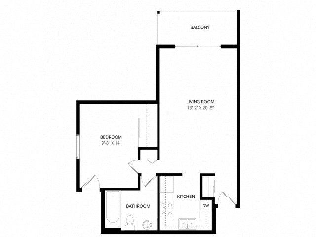 Floor plan for 1 bed, 1 bath, 750 sqft