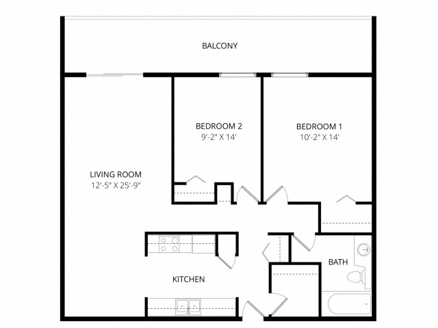 Floor plan for 2 beds, 1 bath, 839 sqft