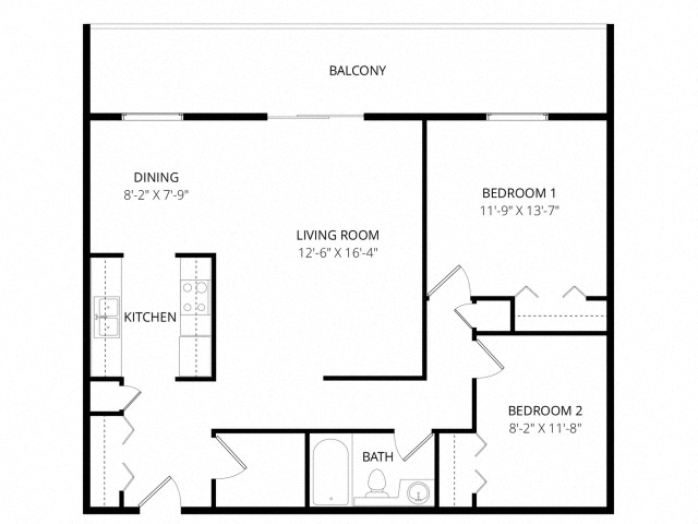 Floor plan for 2 beds, 1 bath, 967 sqft