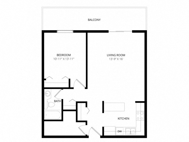 Floor plan for 1 bed, 1 bath, 600 sqft