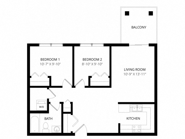 Floor plan for 2 beds, 1 bath, 744 sqft