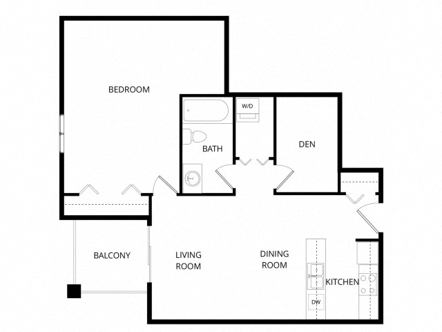 Floor plan for 1 bed, 1 bath, 763 sqft