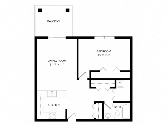 Floor plan for 1 bed, 1 bath, 605 sqft
