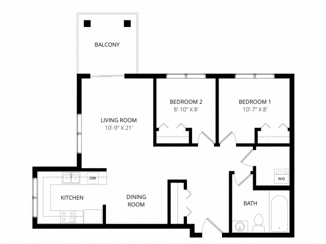 Floor plan for 2 beds, 1 bath, 763 sqft