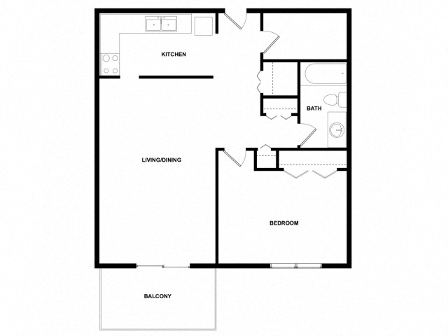 Floor plan for 1 bed, 1 bath, 628 sqft