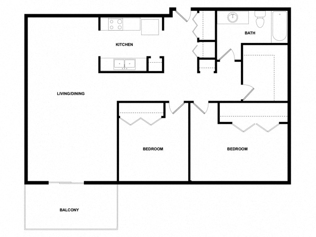 Floor plan for 2 beds, 1 bath, 840 sqft