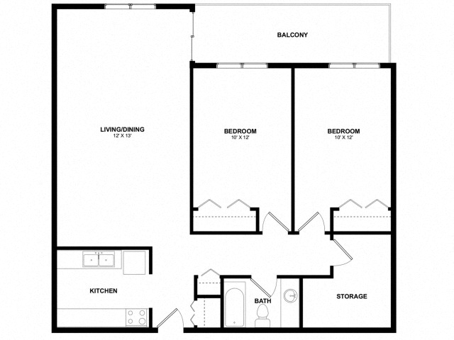 Floor plan for 2 beds, 1 bath, 797 sqft