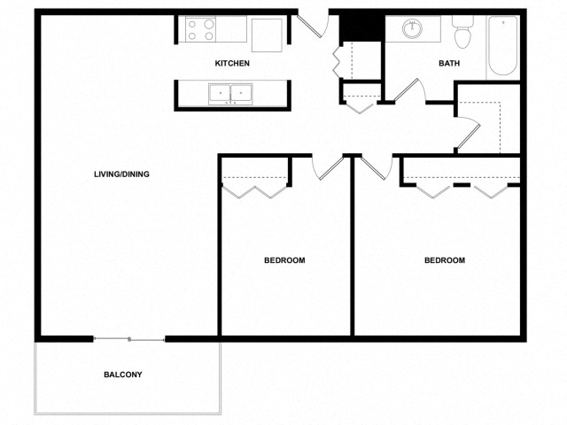 Floor plan for 2 beds, 1 bath, 873 sqft