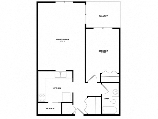 Floor plan for 1 bed, 1 bath, 689 sqft