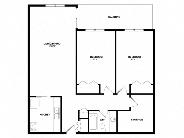 Floor plan for 2 beds, 1 bath, 797 sqft
