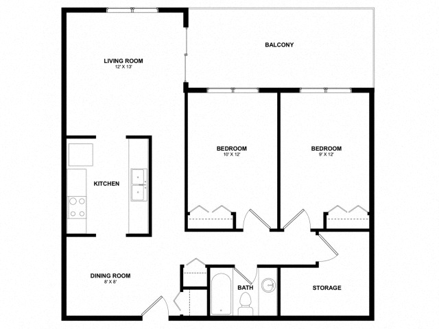 Floor plan for 2 beds, 1 bath, 797 sqft