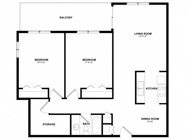 Floor plan for 2 beds, 1 bath, 864 sqft