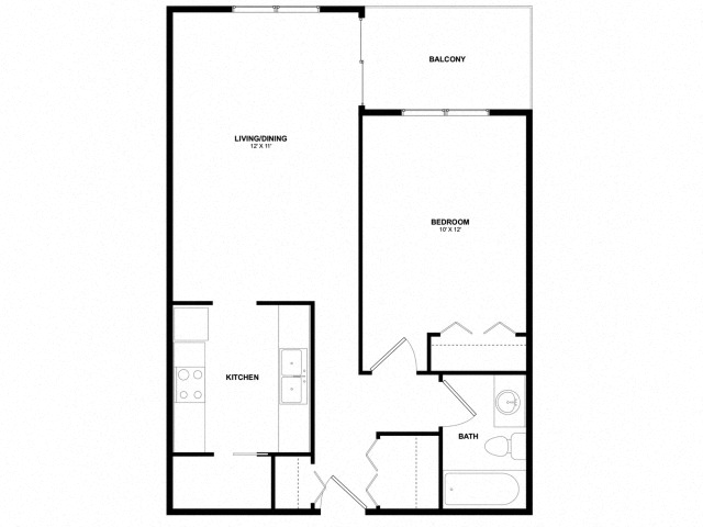 Floor plan for 1 bed, 1 bath, 589 sqft