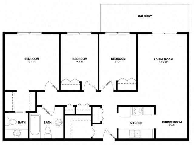 Floor plan for 3 beds, 1.5 baths, 1081 sqft