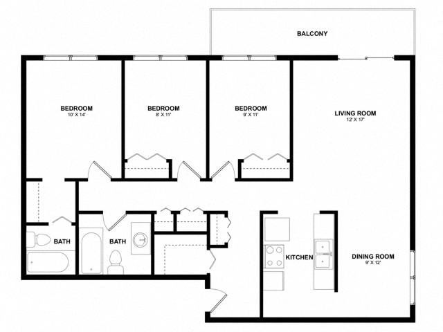 Floor plan for 3 beds, 1.5 baths, 1246 sqft