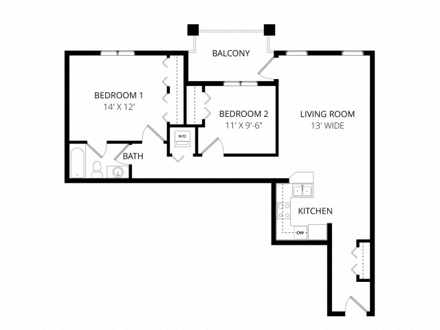 Floor plan for 2 beds, 1 bath, 903 sqft