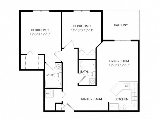 Floor plan for 2 beds, 2 baths, 998 sqft