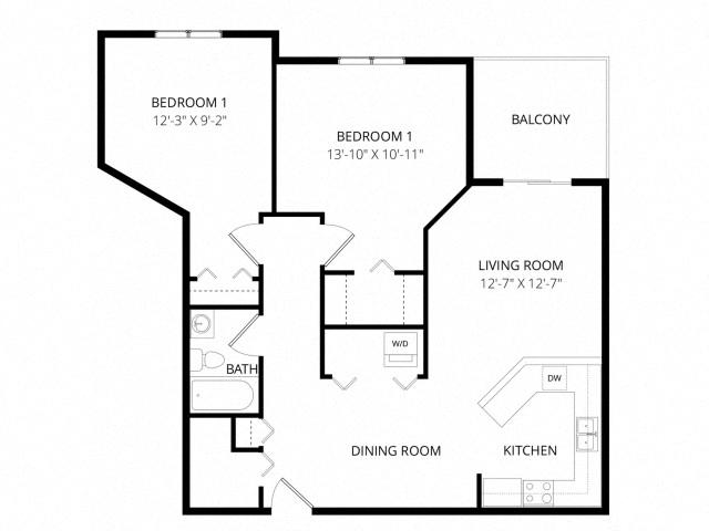 Floor plan for 2 beds, 1 bath, 915 sqft