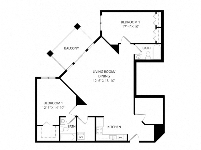 Floor plan for 2 beds, 2 baths, 1268 sqft