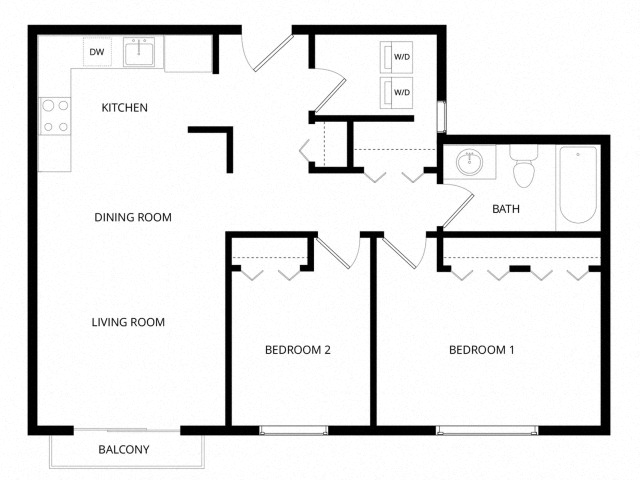 Floor plan for 2 beds, 1 bath, 668 sqft
