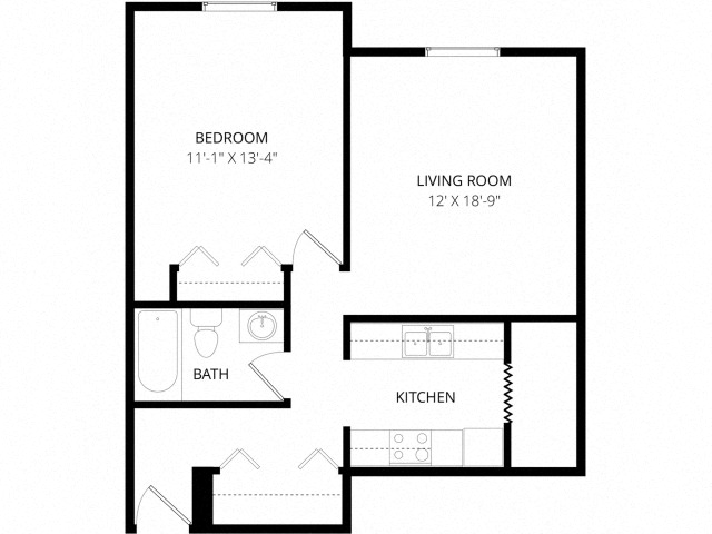 Floor plan for 1 bed, 1 bath, 670 sqft