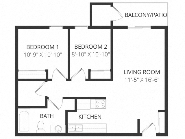 Floor plan for 2 beds, 1 bath, 820 sqft