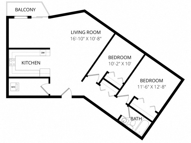 Floor plan for 2 beds, 1 bath, 1100 sqft